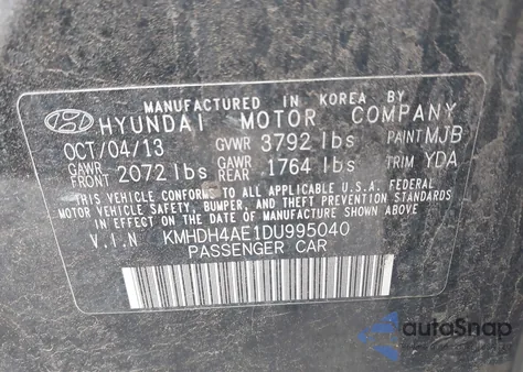 2013 Hyundai Elantra Gls из США, поврежденный, VIN KMHDH4AE1DU995040